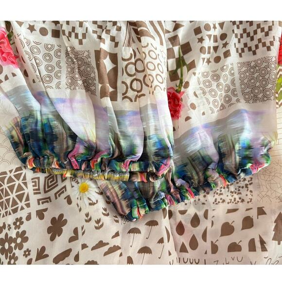 Johnny Was Fawn Beige Button Up Mixed Floral Boho Peasant Blouse Size M Tunic - Picture 13 of 13